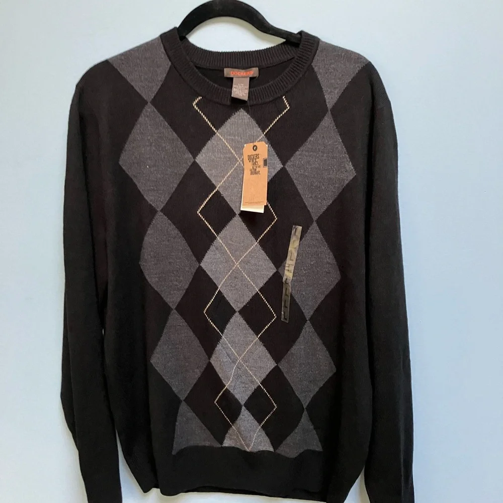 NWT Soft Fine Gauge Black/Gray Argyle Crew Neck Large Sweater Dockers Academia
